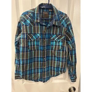 Roper Boys Blue Brown Plaid Western Pearl Snap Shirt Long Sleeve M 8-10 k7171